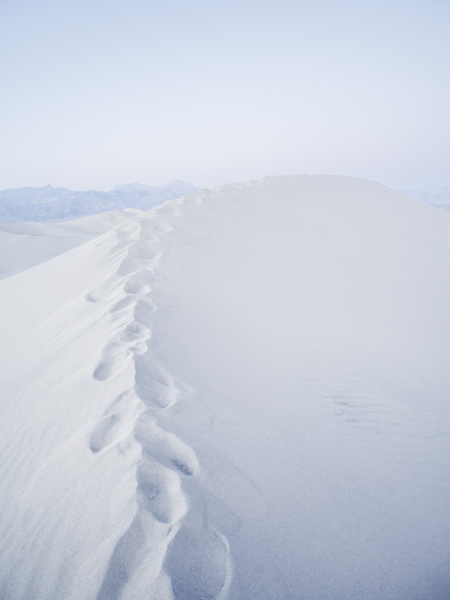Footprints trace a dune crest vanishing into pale, boundless white.
