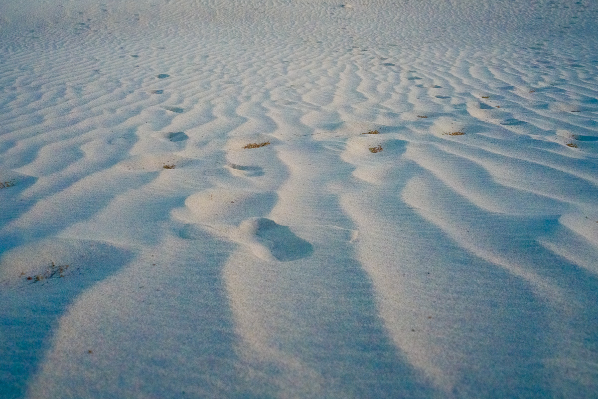 Wind-sculpted ripples and footprints pattern the blue-shadowed gypsum sand.