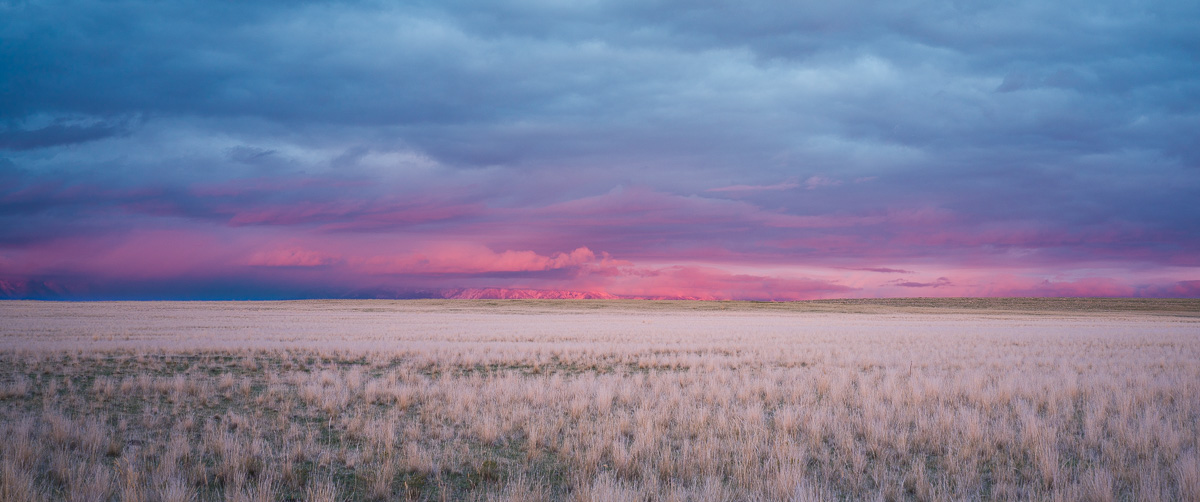 Lavender twilight burns pink over an endless prairie grassland.